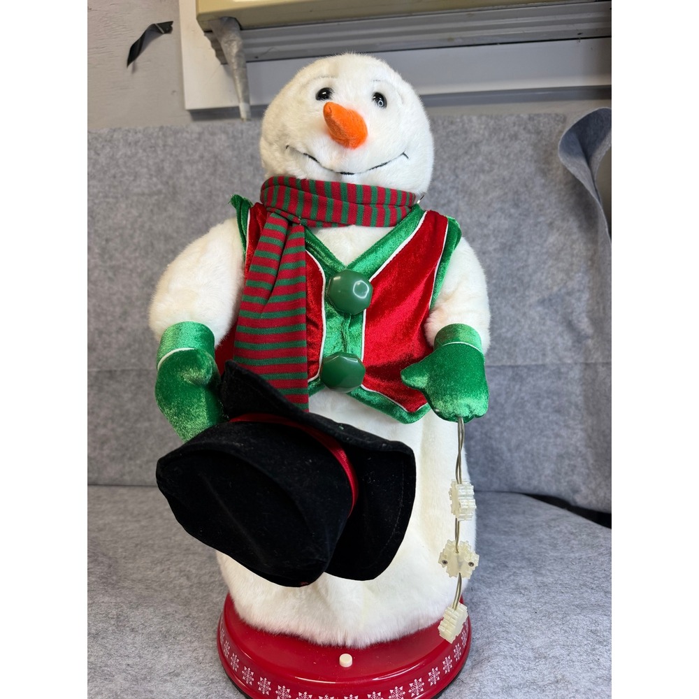 Vintage Animated Plush Snowman Holiday Decor Red Green Vest Snowflake Base 17"